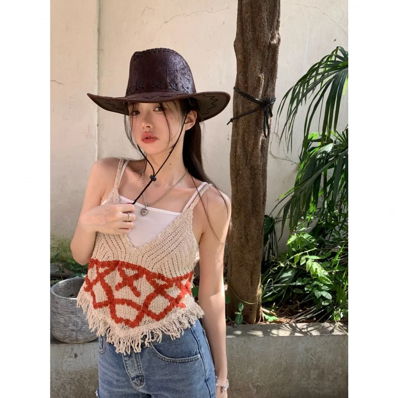 

Women's Retro Design Colorblock Crochet Hollow Knit Camisole Tank Top