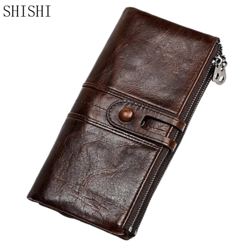 Genuine Leather  Business Anti Theft Brush Men Wallet Long Zipper Male Clutch Bags Cellphone Holder Purses Retro Card Holder