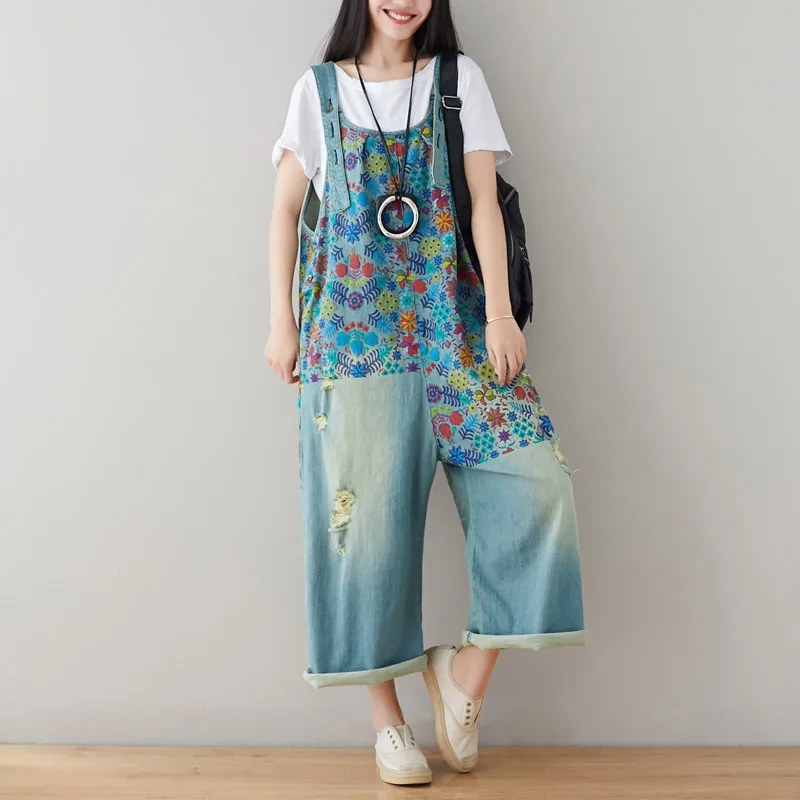 Printed Denim Pants Wide Leg Strap Trousers Women's Clothing 2023 New Worn White Broken Holes Jeans Japanese Korean Leisure