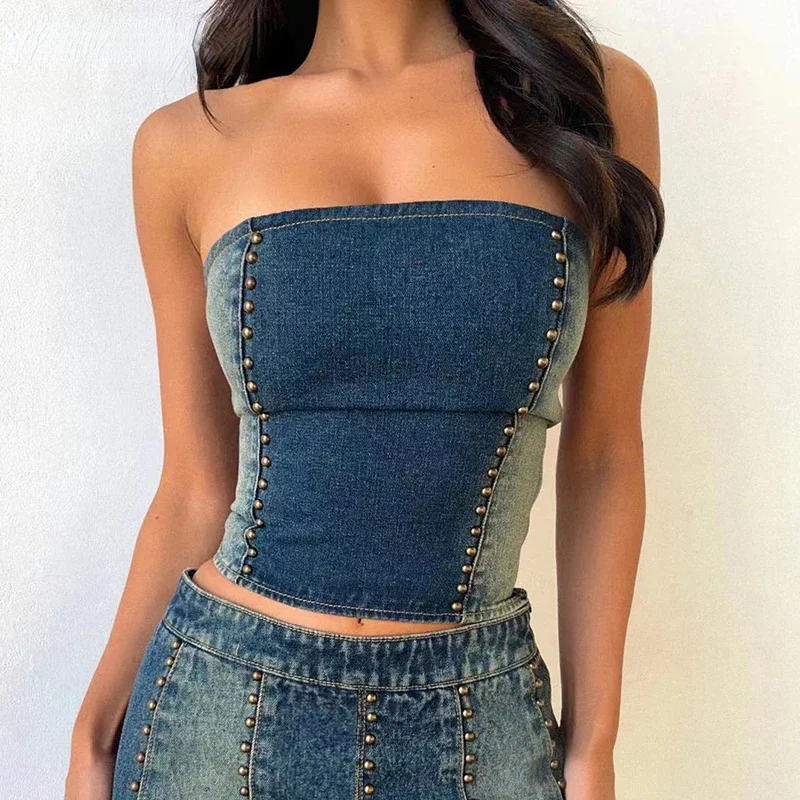 

Sexy Rivet Denim Strapless Tube Top Women Open Shoulder Gradient Skinny Tank Camis High Street Crop Vest Clubwear 2023