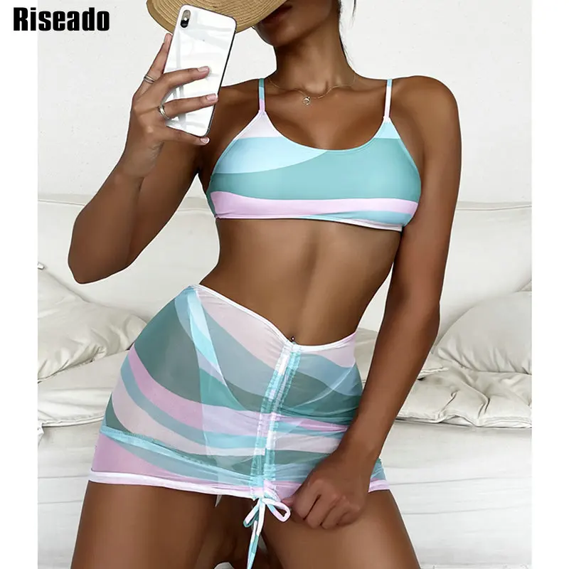 

Riseado, пуш-ап, сексуальное бикини, полосатый купальник, женский пляжный купальник, 2022 сетка, комплект из 3 предметов, юбка на завязках, Бразильс...