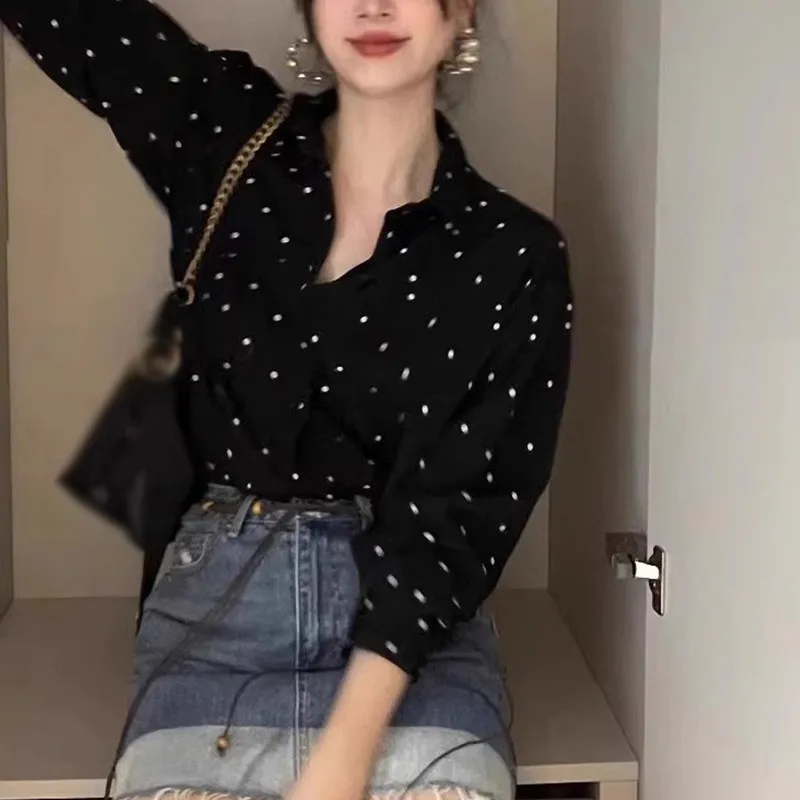 Женская рубашка в стиле ретро с принтом горошек свободный крой повседневный топ