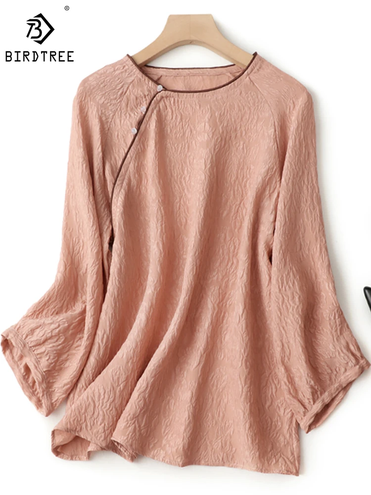 

Birdtree 100%Mulberry Silk New Vintage Round Neck Slanted Silk Crown Crease Top Women's Chinese Long Sleeve T-shirt T38827QD