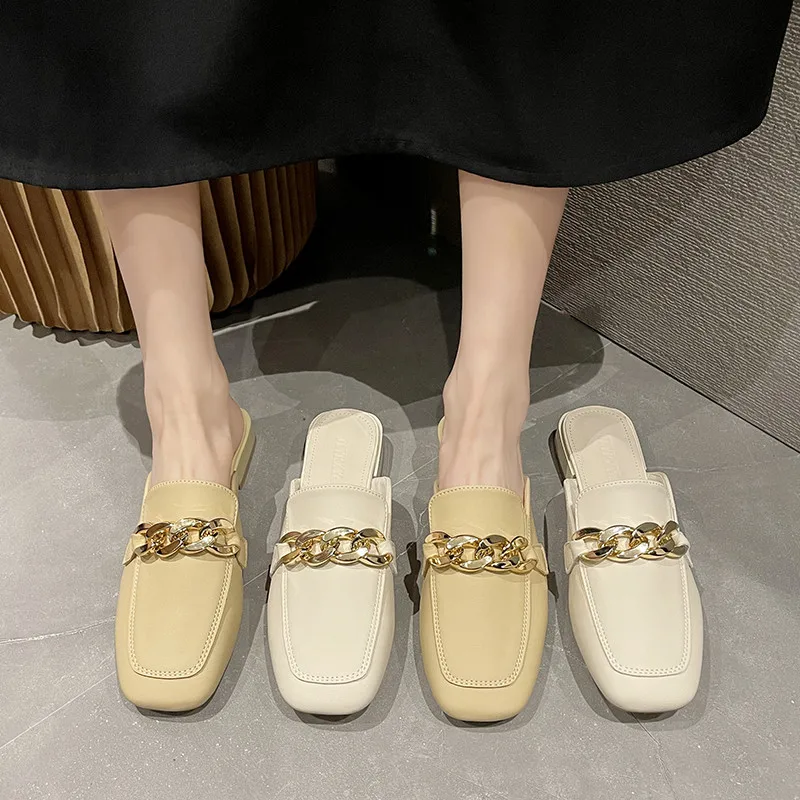 

Rivet Slippers Casual Female Shoes Mules For Women 2022 Slides Low Med Cover Toe Luxury New PU Hoof Heels Retro Metal Cover Toe