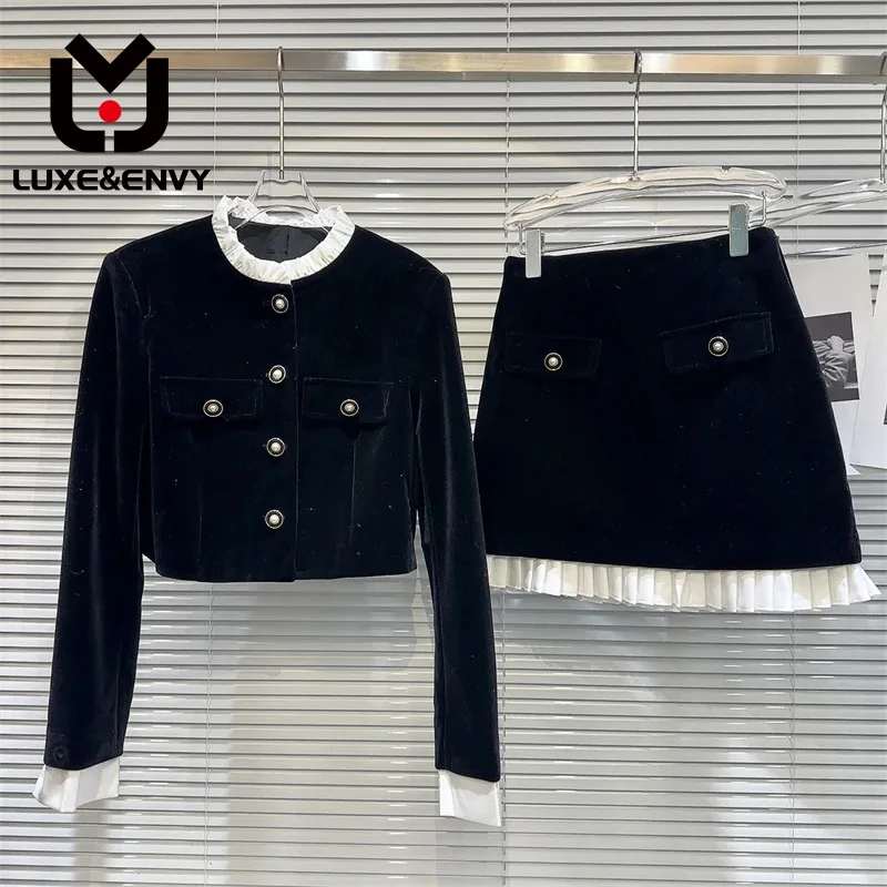 

Женский бархатный костюм люкс & ENVY, Маленький очаровательный короткий пиджак с контрастным воротником со складками и короткая юбка, осень 2023