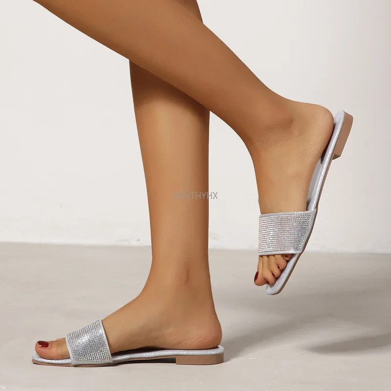 

Fashion Women Square Toe Shiny Slipper Ladies Summer Casual Crystal Flat Shoes Famale Non-slip Outdoor Beach Breathable Slides