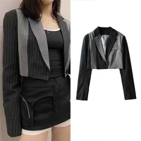 korean fashion chic short blazer striped suit women new contrast colors single button sweet blazer office casual suit short tops