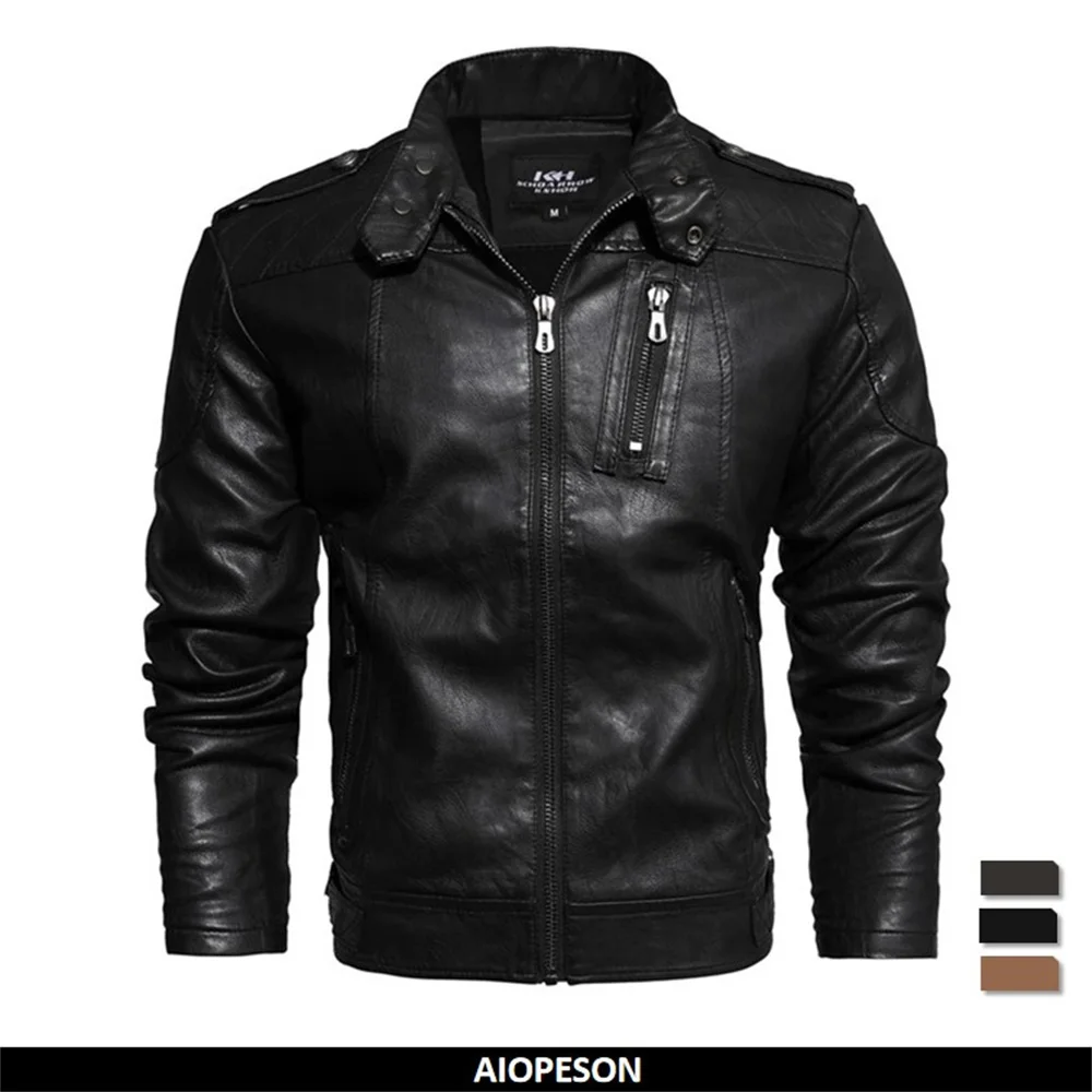 

Men's PU Leather Jacket Solid Color Slim Fit Zipper Jacket Male Stand Collar Streetwear Male Leather Jacket Autumn