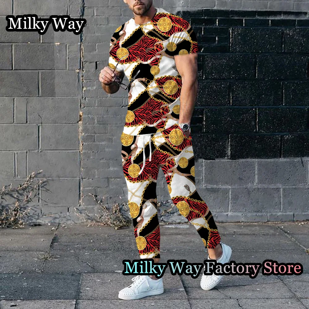 Men Luxury Chain T-Shirt Trousers Set Summer Tracksuit Male Fashion Outfit 2 Pieces Casual Streetwear Suit Vintage Clothing