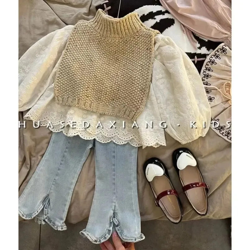 Жилеты комплект детской одежды осенние модные джинсы вязаный жилет кружевная