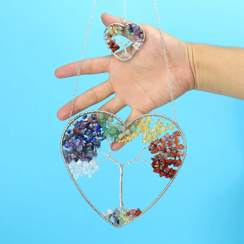 Handmade Copper wire wrap Natural Crystal Double hearted tree of life Ornament Room Door Window Decoration Car Interior Hanging