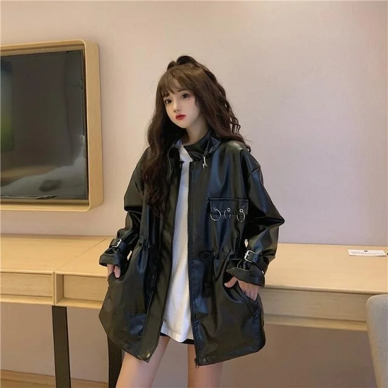 

Женская кожаная куртка с длинным рукавом, демисезонная байкерская куртка из искусственной кожи в стиле панк, J310