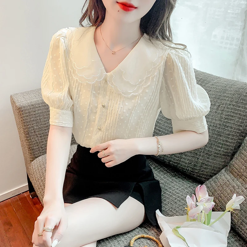 

Новинка рубашка с французским кукольным воротником Тяжелая промышленная темпераментная шифоновая рубашка с коротким рукавом кружевная ру...