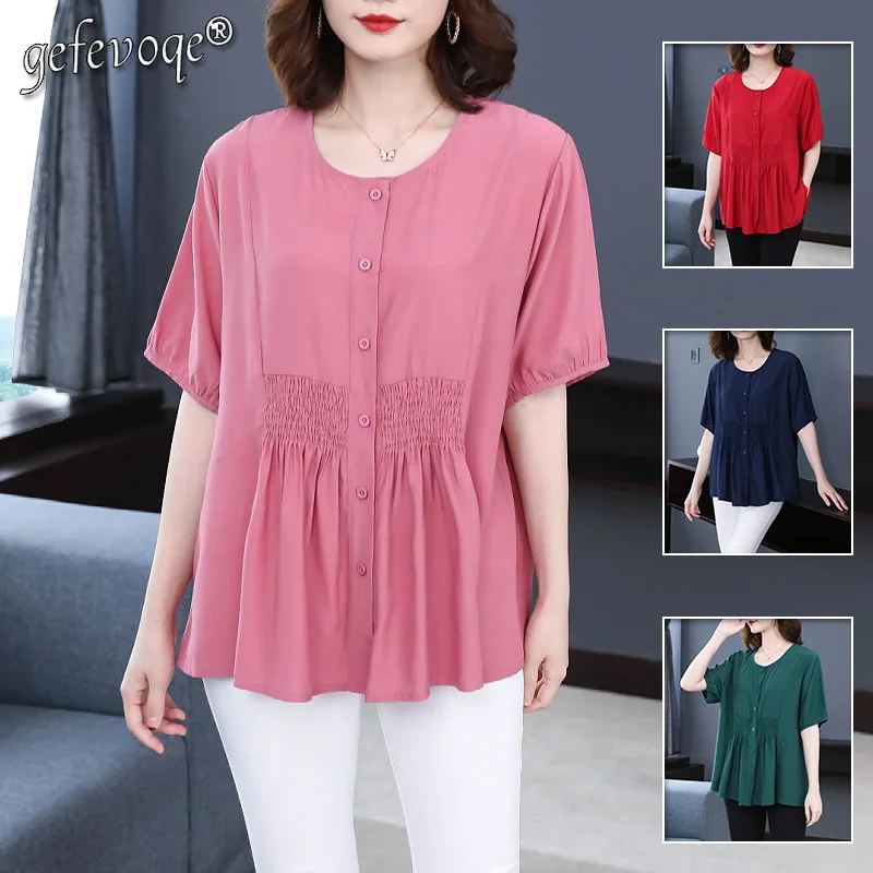 

Stylish Casual Single-breasted Solid Color Shirt All-match Summer Short Sleeve Female Clothing Shirring Round Neck Loose Blouse