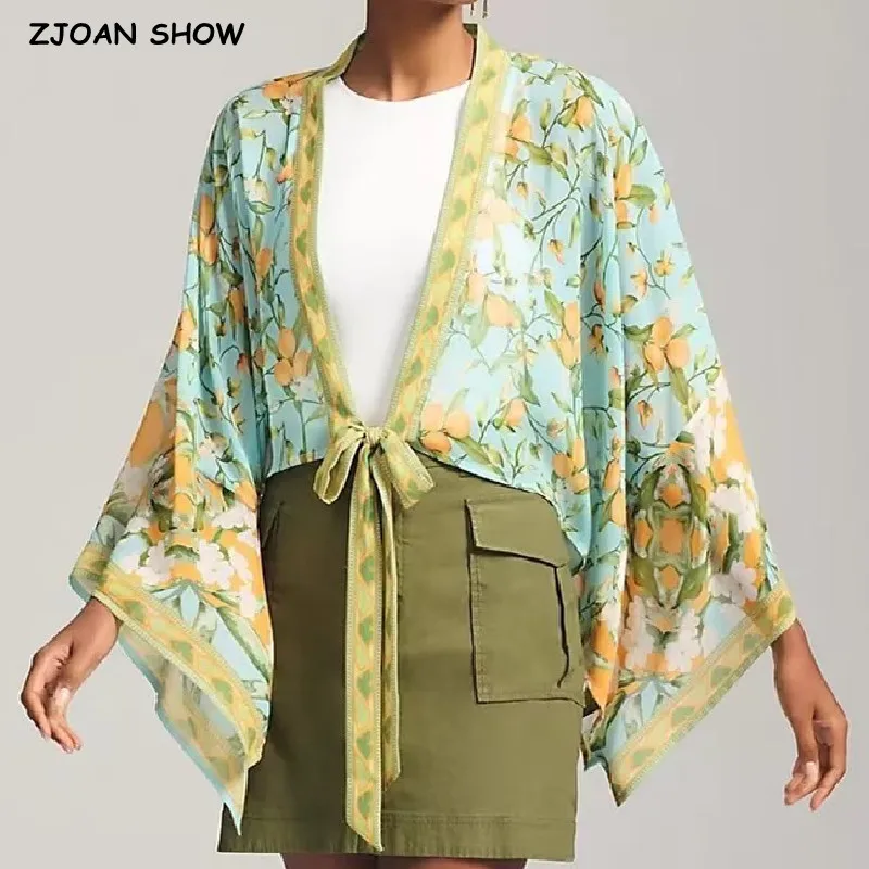 

2023 BOHO Women Green Fruit Lemon Print Kimono Shirt Batwing Sleeve V-Neck Lacing Up Bow Tide Cardigan Summer Beach Cape Shawls