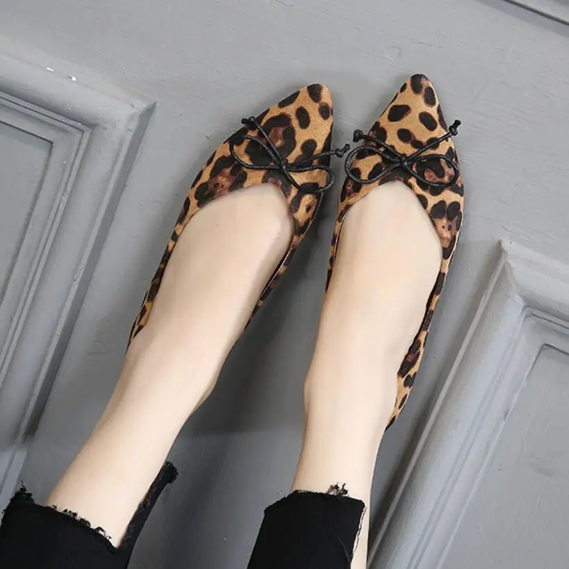 

2019 New Spring Leopard Print Flat Shoes Woman Pointed Toe Bowtie Ballet Flats Shallow Mouth Moccasins Soft Foldable Ballerina80