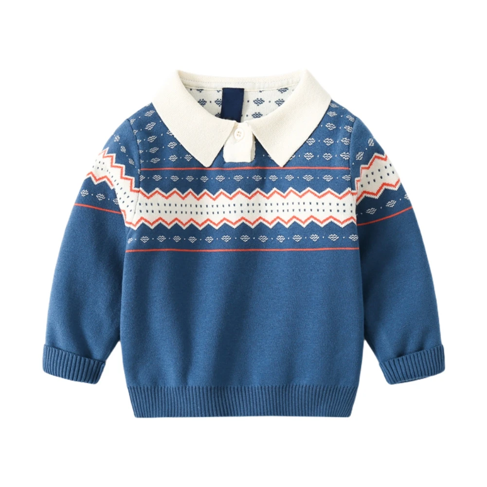 

Bobora Autumn Fall Winter Boys Knit Sweater Outifts Turn-down Geometric Knitted Sweaters Screw Neck Warm Pullover Clothes 1-6T