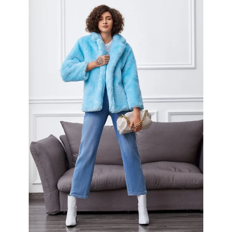 Women's Fur Jacket Winter Faux Fur Coat Women's, Blue Lapel Whole Leather Leather Fur Coat Faux Fur Coat