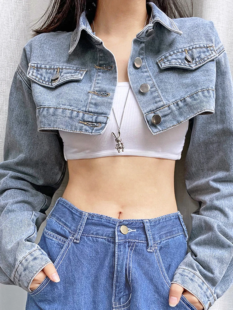 

JMPRS Y2K Solid Cropped Denim Jacket Women Spring Vintage Sexy Hip Hop Streetwear Jeans Coat Fashion Button Up Female Clothes