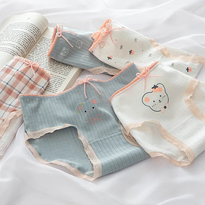 Cotton Panties Striped Lace Women Girl Fashion Cats Print Bow Cute Briefs Breathable Underwear Lingeries NK5