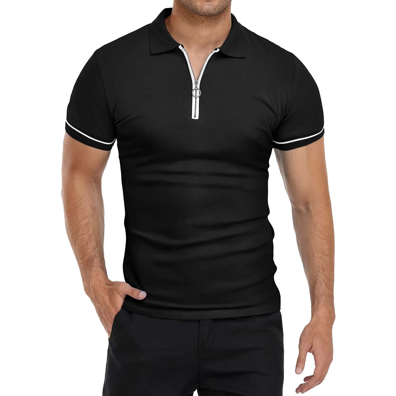 

Zipper Turn Down Collar Men Polo Shirts Casual Soild Color Summer Polo Shirts Short Sleeve Male Tops