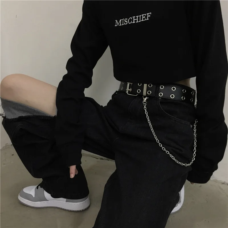 이불 Hip Hop Chain Tassel Belts Punk Studded Pin Buckle PU Belt Y2K Unisex Black Casual Jeans Pants For Women Men