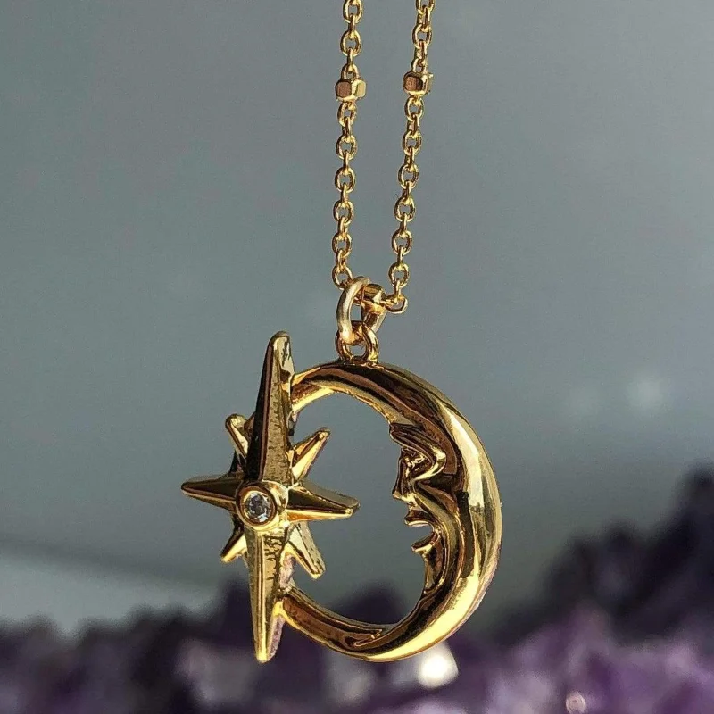 

Minar Luxury 14K Real Gold Plated Brass Moon Medallion Necklace for Women Shiny CZ Cubic Zirconia Starburst Pendant Necklaces