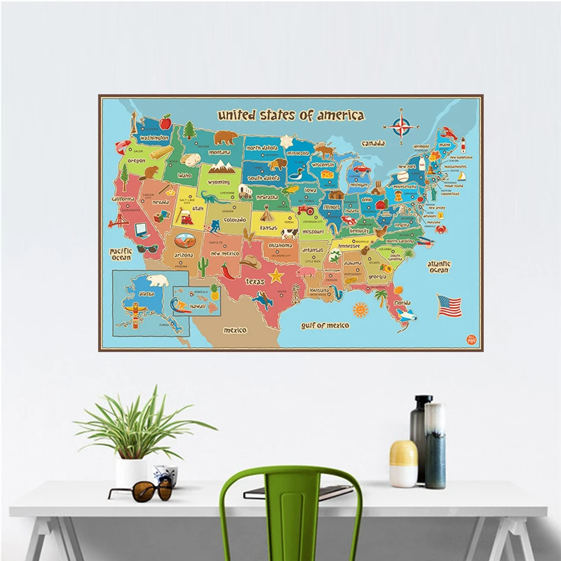 

Animals & Plants Map Of American Wall Stickers Kindergarten Classroom Kids Room Home Decoration USA Maps Mural Art Pvc Decals