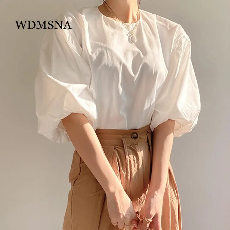 

WDMSNA французская мягкая блузка с круглым вырезом, Повседневная Однотонная рубашка с рукавами-фонариками, корейские Простые блузки с коротким рукавом