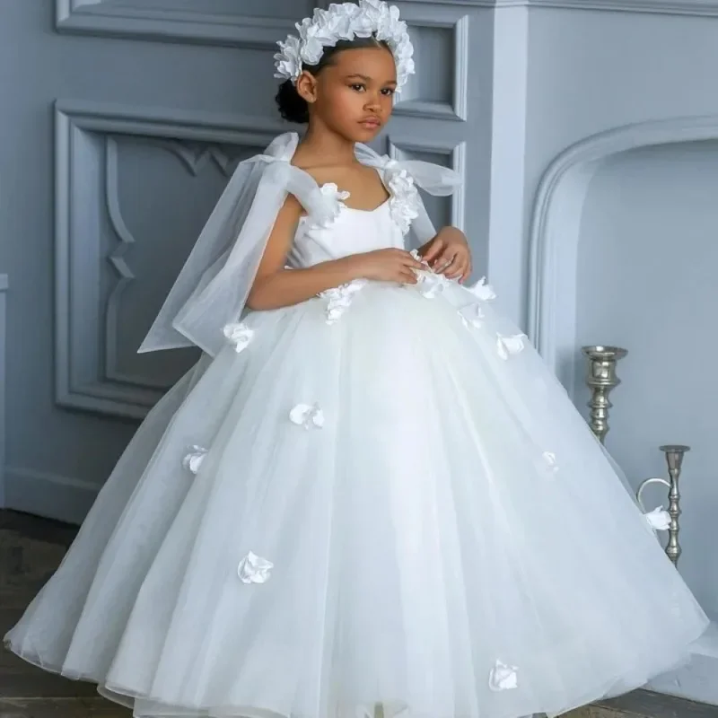 

Элегантное платье для девочек с цветами, белое пушистое кружевное платье из тюля без рукавов для маленьких девочек на день рождения, яркое праздничное свадебное платье для первого причастия