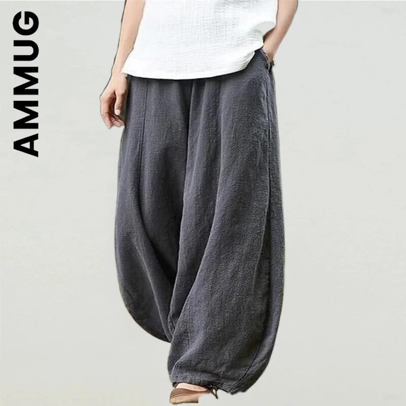 

Новые Брюки Ammug, брюки, женские винтажные подходящие ко всему брюки, шаровары в стиле хлопка и льна, повседневные мешковатые брюки, корейские...