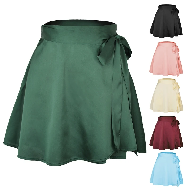 

Женская шифоновая атласная плиссированная мини-юбка с завышенной талией, однотонная расклешенная Асимметричная юбка-трапеция с запахом, уличная одежда