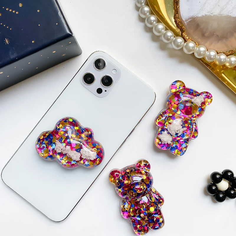 

Colorful Sequins Bear Mobile Phone Bracket Cloud Retractable Suitable for Iphone Samsung Mobile Phone Accessories