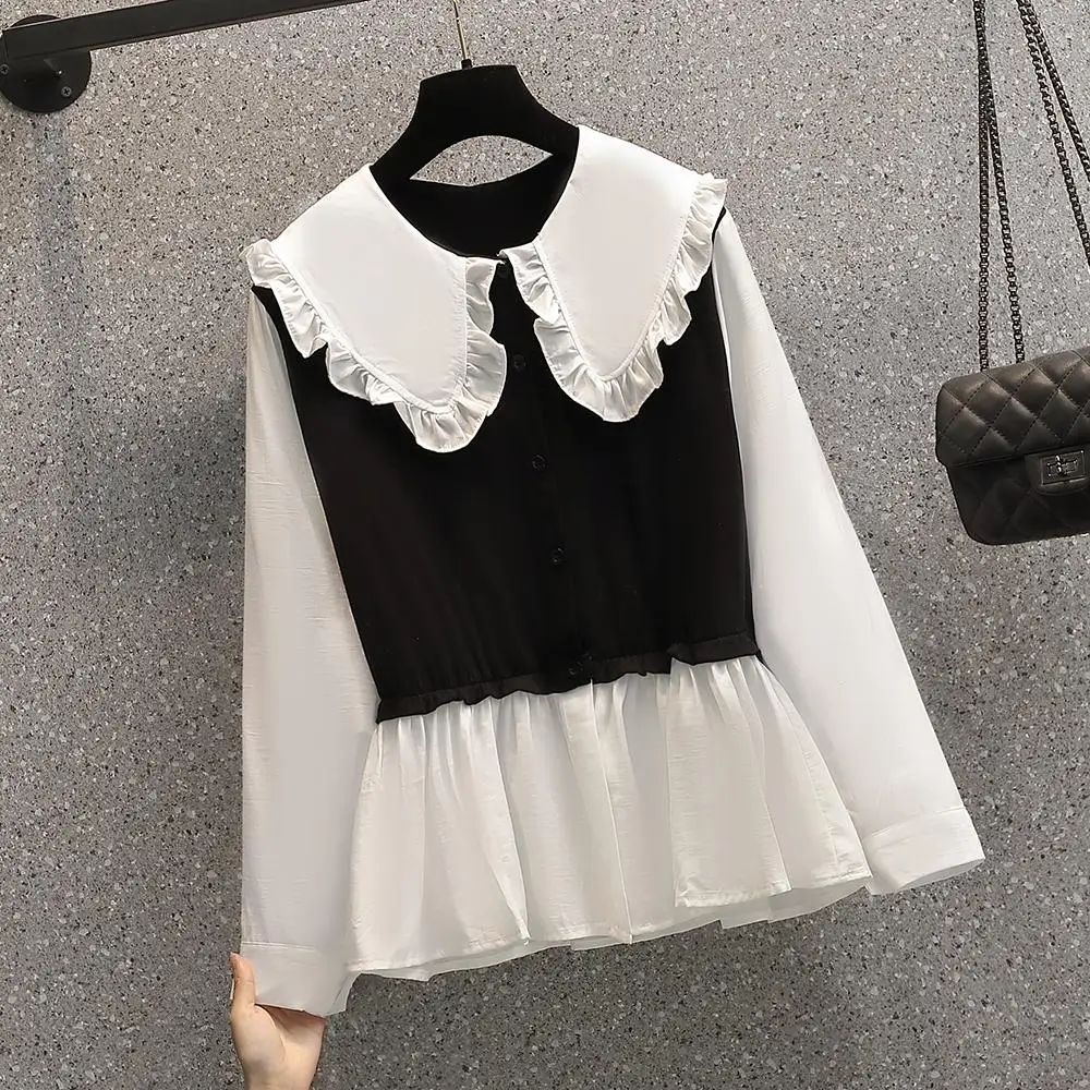 

Large Size Women Sweet Blouses Spring 2022 Ruffles Peter Pan Collar Long Sleeve White Patchwork Black Fake Two Piece Ladies Tops