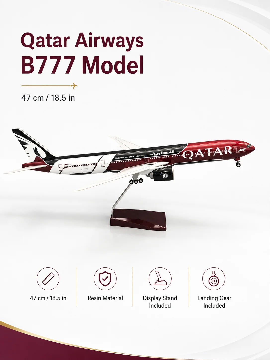 Фото Модель самолета Qatar Airways B777-300 из литой смолы, 47 см (18,5 дюймов), с подставкой и шасси, коллекционный экспонат №1