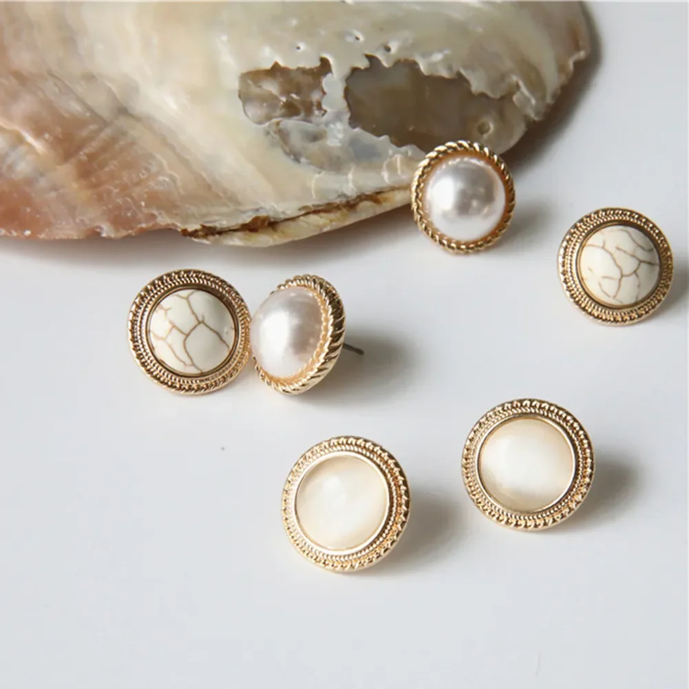 

Vintage Round Marble Opal Stone Big Stud Earrings Women Fashion Temperament Gold Ear Stud Circle Pearls Stone Jewelry