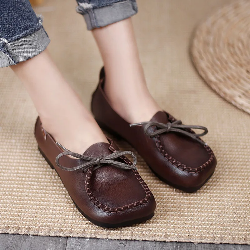 

YourSeason Ladies Genuine Leather Shoes Lace Up Square Toe 2022 Spring Autumn Vintage Concise Leisure Women Flats Japanese Style