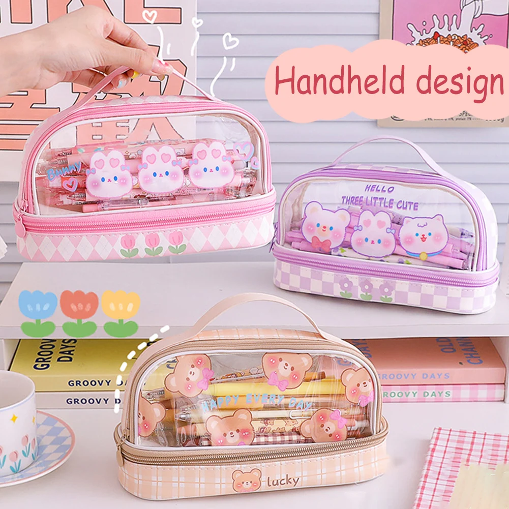 

Double Layer Transparent Cartoon Handle Pen Case Large Capacity Storage Bag For Kids Boys Girls