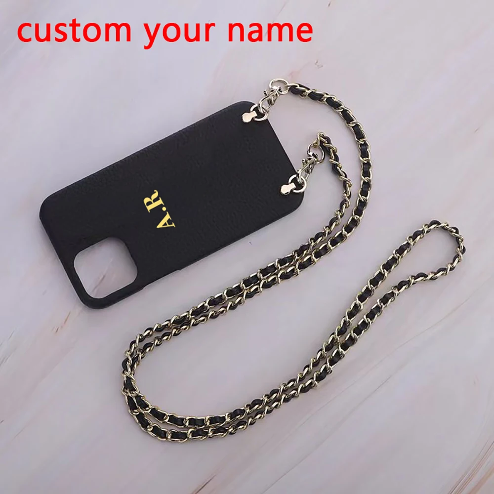 

Customizable Letter Gold Silver Name Metal Strap Leather Phone Case For iPhone 12 11 13 Pro Max Mini X XR XS Max 7 8 Plus