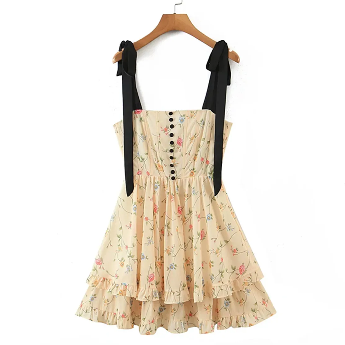 

Dave&Di 2022 Holiday Summer Tank Dress Women Ins French Style Fashion Sexy Chiffon Elegant Vintage Yellow Floral Print Dress