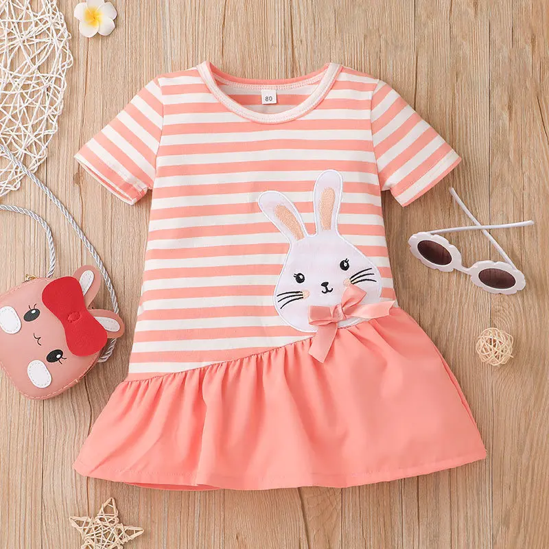 

Baby Girl Easter Dress 2022 Summer New Children Wear Cute Rabbit Print Stripe Short Sleeve Fishtail Dresses Kids Bebes Clothes