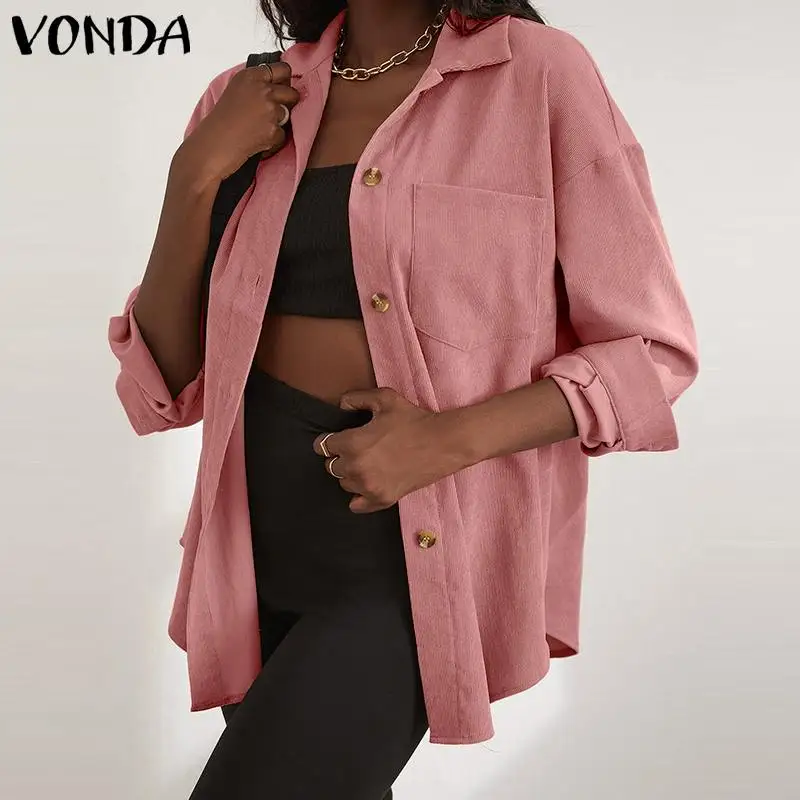 

VONDA 2022 Vintage Spring Corduroy Chemise Women Lapel Buttons Blouses Casual Pockets Baggy Long Sleeve Party Tops Tunic Blusas