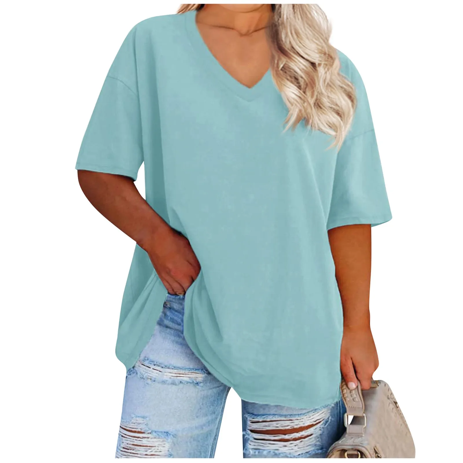 Лето 2024 однотонная футболка женская сексуальная с v-образным вырезом и коротким