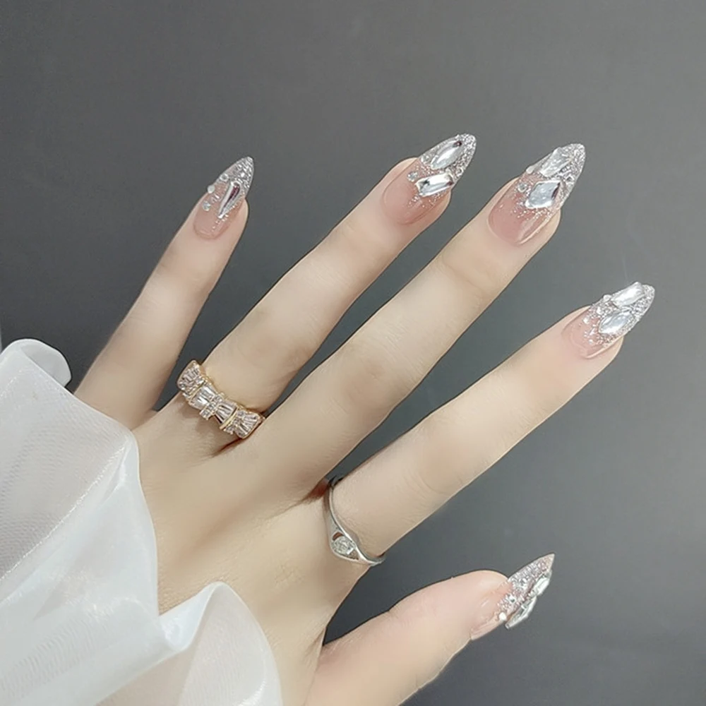 

24PCS Diamond Press On Nails Long Cute Rhinestones Design Fake Nails Full Coverage Nails 2022 Extension Free Shipping for girl