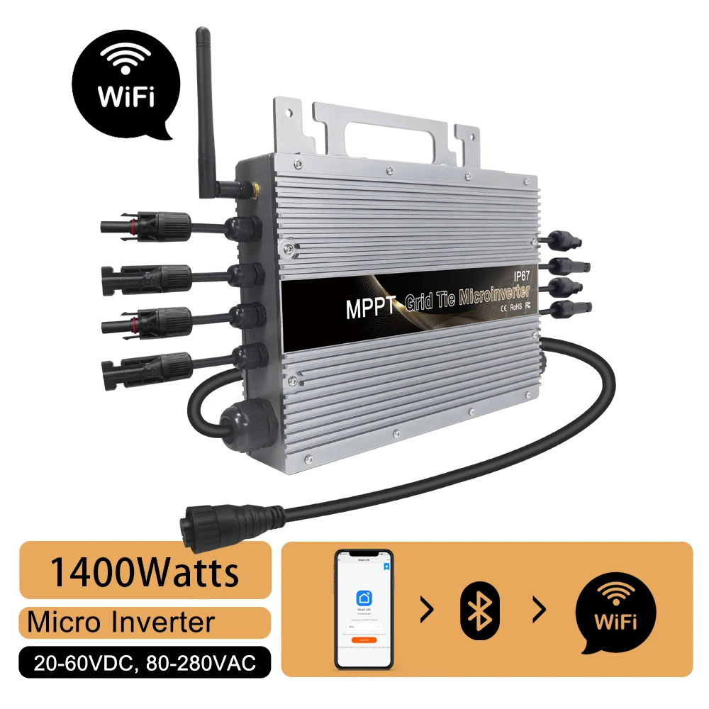 

Built-In WiFi Solar Grid Tie Inverter 1400W DC20-60V to AC80-265V IP 67 Pure Sine Micro Inversor Shipping From EU
