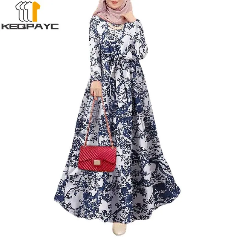 New Muslim Women Dubai Abaya Cotton Linen Long Dress Kaftan Islam Arab Vintage Print Loose Dresses Robe Middle East Eid Clothing