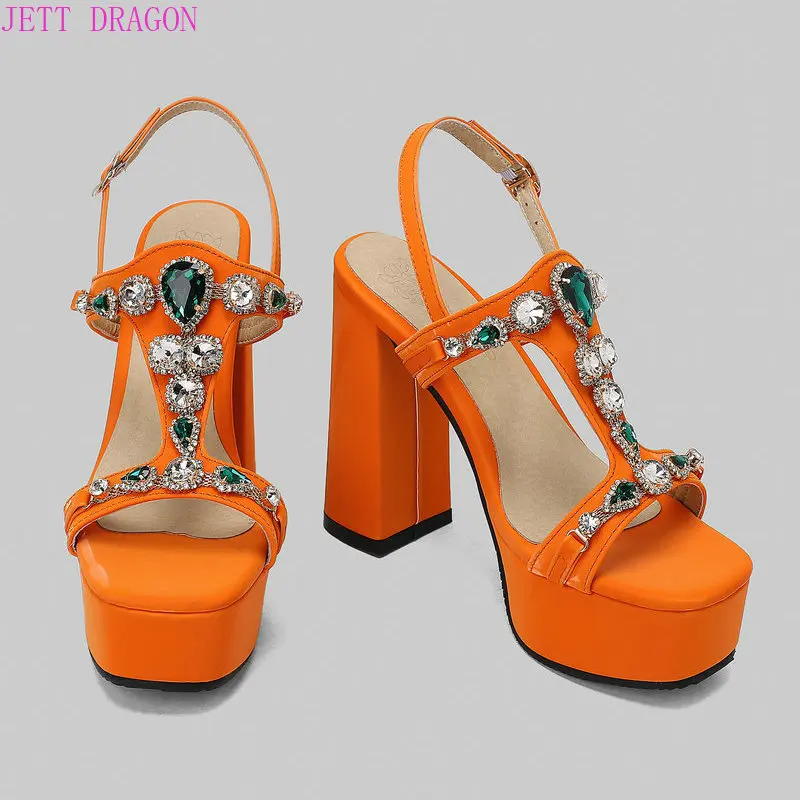 

2023 Fashion Crystal Women Sandals Platform Square High Heel Gladiator Sandals Sexy Women Shoes Plus Size 43