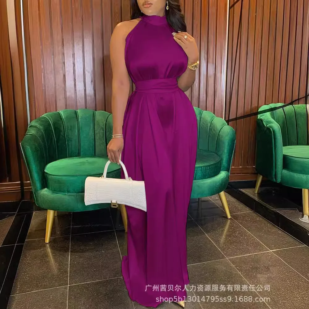 Женская одежда атласный комбинезон с лямкой на шее без рукавов брюки высокой