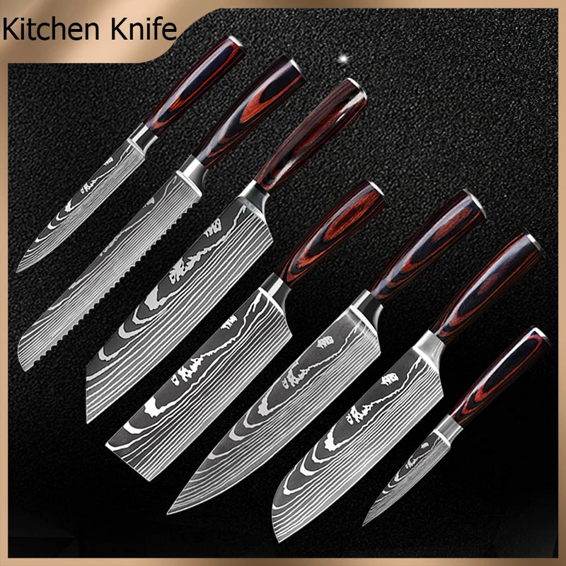 

Набор кухонных ножей, профессиональный шеф-повар из высокоуглеродистой нержавеющей стали 7CR17 440C, имитация Дамасского узора, японские