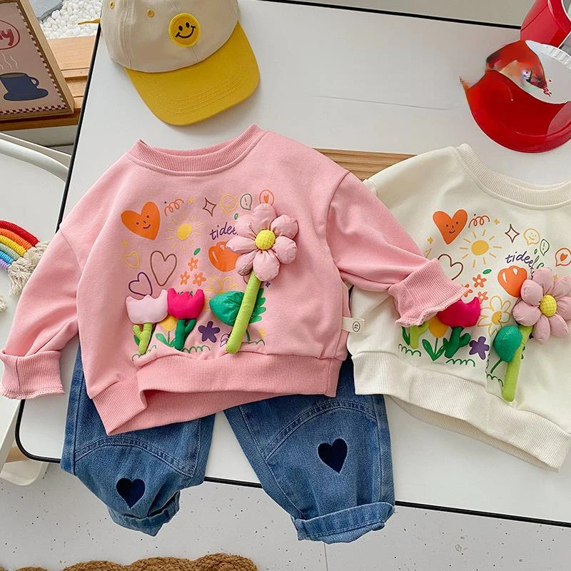 

Весенне-осенние детские свитшоты, пуловеры для девочек с стереоскопическим изображением цветов, мягкая свободная одежда для девочек, топы